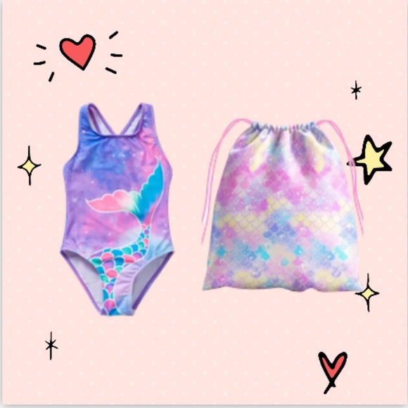 NWT Girls Mermaid Swimsuit with Drawstring Bag - Picture 1 of 4